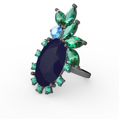 Arinna Yüzük - Lacivert akrilik, yeşil kuvars ve akuamarin 925 ayar siyah rodyum kaplama gümüş yüzük #15mqolg