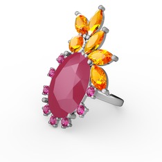 Neon pembe akrilik, sitrin ve rodolit garnet 14 ayar beyaz altın yüzük