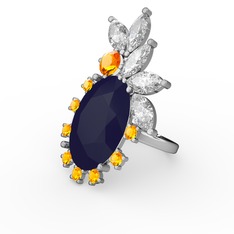 Lacivert akrilik, swarovski ve sitrin 8 ayar beyaz altın yüzük