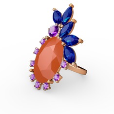 Neon turuncu akrilik, lab safir ve ametist 925 ayar rose altın kaplama gümüş yüzük