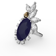 Lacivert akrilik, swarovski ve dumanlı kuvars 14 ayar beyaz altın yüzük