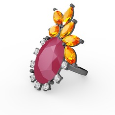 Arinna Yüzük - Neon pembe akrilik, sitrin ve swarovski 925 ayar siyah rodyum kaplama gümüş yüzük #1mix2gr