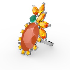 Neon turuncu akrilik, sitrin ve kök zümrüt 18 ayar beyaz altın yüzük