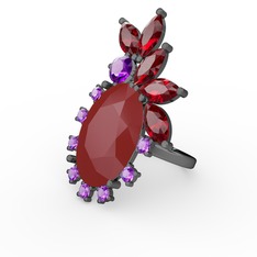 Arinna Yüzük - Kırmızı akrilik, garnet ve ametist 925 ayar siyah rodyum kaplama gümüş yüzük #1odvl8x