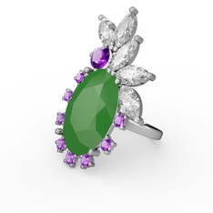 Neon yeşil akrilik, swarovski ve ametist 14 ayar beyaz altın yüzük