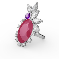 Neon pembe akrilik, swarovski ve ametist 8 ayar beyaz altın yüzük