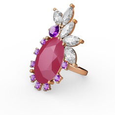 Neon pembe akrilik, swarovski ve ametist 8 ayar altın yüzük