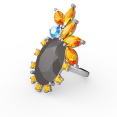 Füme akrilik, sitrin ve akuamarin 8 ayar beyaz altın yüzük