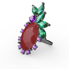 Arinna Yüzük - Kırmızı akrilik, yeşil kuvars ve ametist 925 ayar siyah rodyum kaplama gümüş yüzük #1w67aqe