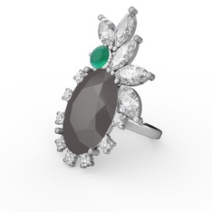 Arinna Yüzük - Füme akrilik, swarovski ve kök zümrüt 14 ayar beyaz altın yüzük #1yeoysj