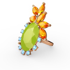 Neon sarı akrilik, sitrin ve akuamarin 925 ayar rose altın kaplama gümüş yüzük