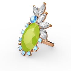 Neon sarı akrilik, swarovski ve akuamarin 14 ayar altın yüzük