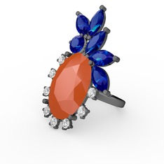 Arinna Yüzük - Neon turuncu akrilik, lab safir ve swarovski 925 ayar siyah rodyum kaplama gümüş yüzük #3o1aqc
