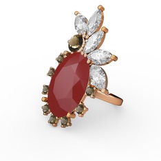 Kırmızı akrilik, swarovski ve dumanlı kuvars 8 ayar rose altın yüzük