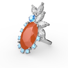 Neon turuncu akrilik, swarovski ve akuamarin 14 ayar beyaz altın yüzük