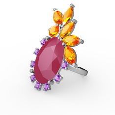 Neon pembe akrilik, sitrin ve ametist 14 ayar beyaz altın yüzük