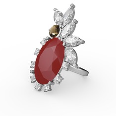 Kırmızı akrilik, swarovski ve dumanlı kuvars 18 ayar beyaz altın yüzük