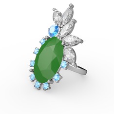 Neon yeşil akrilik, swarovski ve akuamarin 14 ayar beyaz altın yüzük