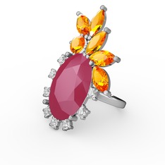 Neon pembe akrilik, sitrin ve beyaz zirkon 8 ayar beyaz altın yüzük