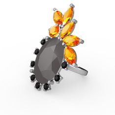 Füme akrilik, sitrin ve siyah zirkon 14 ayar beyaz altın yüzük