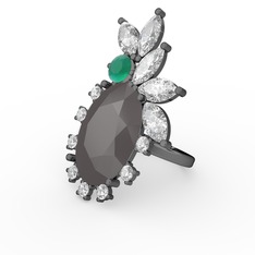 Arinna Yüzük - Füme akrilik, swarovski ve kök zümrüt 925 ayar siyah rodyum kaplama gümüş yüzük #vx19t6