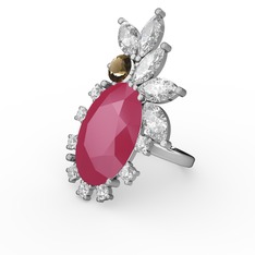 Arinna Yüzük - Neon pembe akrilik, swarovski ve dumanlı kuvars 8 ayar beyaz altın yüzük #z3p5py