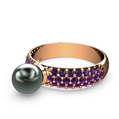 Lena İnci Yüzük - Siyah inci ve ametist 925 ayar rose altın kaplama gümüş yüzük #1012mlb