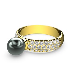 Lena İnci Yüzük - Siyah inci ve pırlanta 925 ayar altın kaplama gümüş yüzük (0.66 karat) #10v3wkl