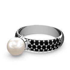 Lena İnci Yüzük - Inci ve siyah zirkon 14 ayar beyaz altın yüzük #115au82