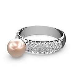 Lena İnci Yüzük - Pembe inci ve swarovski 18 ayar beyaz altın yüzük #12apvvr