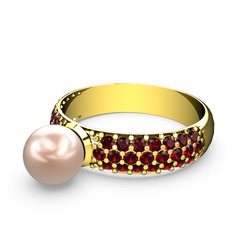 Lena İnci Yüzük - Pembe inci ve garnet 18 ayar altın yüzük #14ku3kg