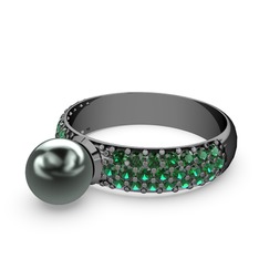 Lena İnci Yüzük - Siyah inci ve yeşil kuvars 925 ayar siyah rodyum kaplama gümüş yüzük #1a4ukyc