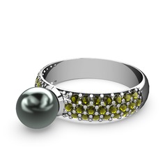 Lena İnci Yüzük - Siyah inci ve peridot 8 ayar beyaz altın yüzük #1amzqll