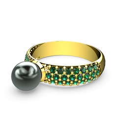 Lena İnci Yüzük - Siyah inci ve yeşil kuvars 14 ayar altın yüzük #1ctj1z3