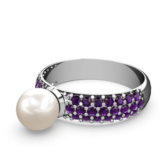 Lena İnci Yüzük - Inci ve ametist 14 ayar beyaz altın yüzük #1elxmo9