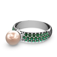 Lena İnci Yüzük - Pembe inci ve yeşil kuvars 14 ayar beyaz altın yüzük #1emnko8