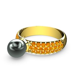 Lena İnci Yüzük - Siyah inci ve sitrin 18 ayar altın yüzük #1foa9ht