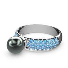 Lena İnci Yüzük - Siyah inci ve akuamarin 925 ayar gümüş yüzük #1jaywki