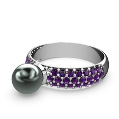 Lena İnci Yüzük - Siyah inci ve ametist 18 ayar beyaz altın yüzük #1uj1uyw