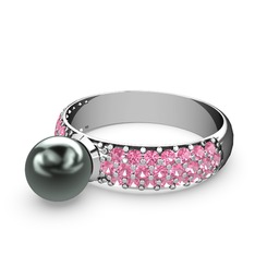 Lena İnci Yüzük - Siyah inci ve pembe kuvars 8 ayar beyaz altın yüzük #1y3caus