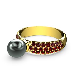 Lena İnci Yüzük - Siyah inci ve garnet 18 ayar altın yüzük #1y46501