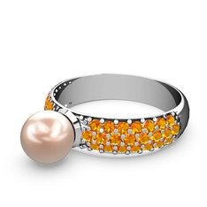 Pembe inci ve sitrin 8 ayar beyaz altın yüzük