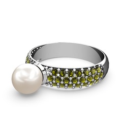 Inci ve peridot 8 ayar beyaz altın yüzük