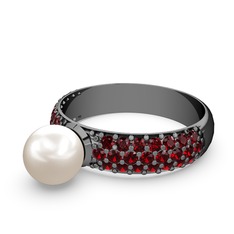 Lena İnci Yüzük - Inci ve garnet 925 ayar siyah rodyum kaplama gümüş yüzük #ihxpef