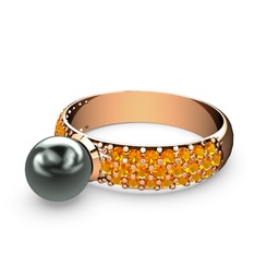 Lena İnci Yüzük - Siyah inci ve sitrin 18 ayar rose altın yüzük #nd25z1