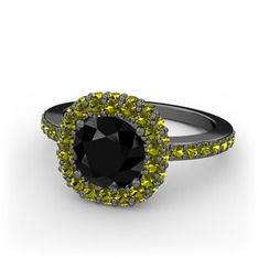 Linne Yüzük - Siyah zirkon ve peridot 925 ayar siyah rodyum kaplama gümüş yüzük #10isnei