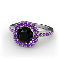 Linne Yüzük - Siyah zirkon ve ametist 8 ayar beyaz altın yüzük #14nwp3d