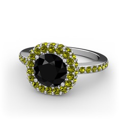 Linne Yüzük - Siyah zirkon ve peridot 8 ayar beyaz altın yüzük #1563g21