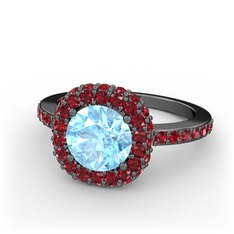 Akuamarin ve garnet 925 ayar siyah rodyum kaplama gümüş yüzük