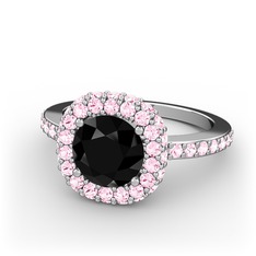 Linne Yüzük - Siyah zirkon ve pembe kuvars 18 ayar beyaz altın yüzük #1ings0k